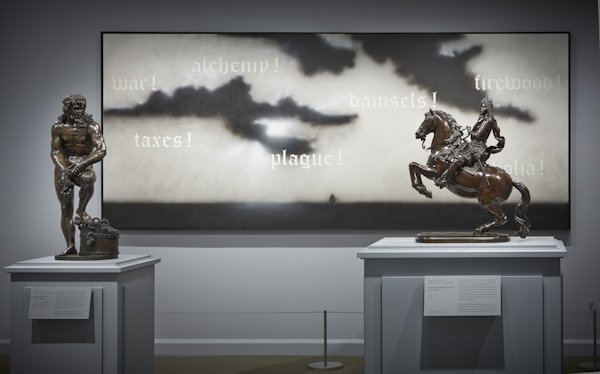 Installation view at The Frick Collection showing Adriaen de Vries’s, Bacchic Man Wearing a Grotesque Mask and Giuseppe Piamontini’s “Prince Ferdinando di Cosimo III on Horseback” with Ed Ruscha’s, “Seventeenth Century”, © Ed Ruscha, both works from the Collection of Mr. and Mrs. J. Tomilson Hill; photo: Michael Bodycomb