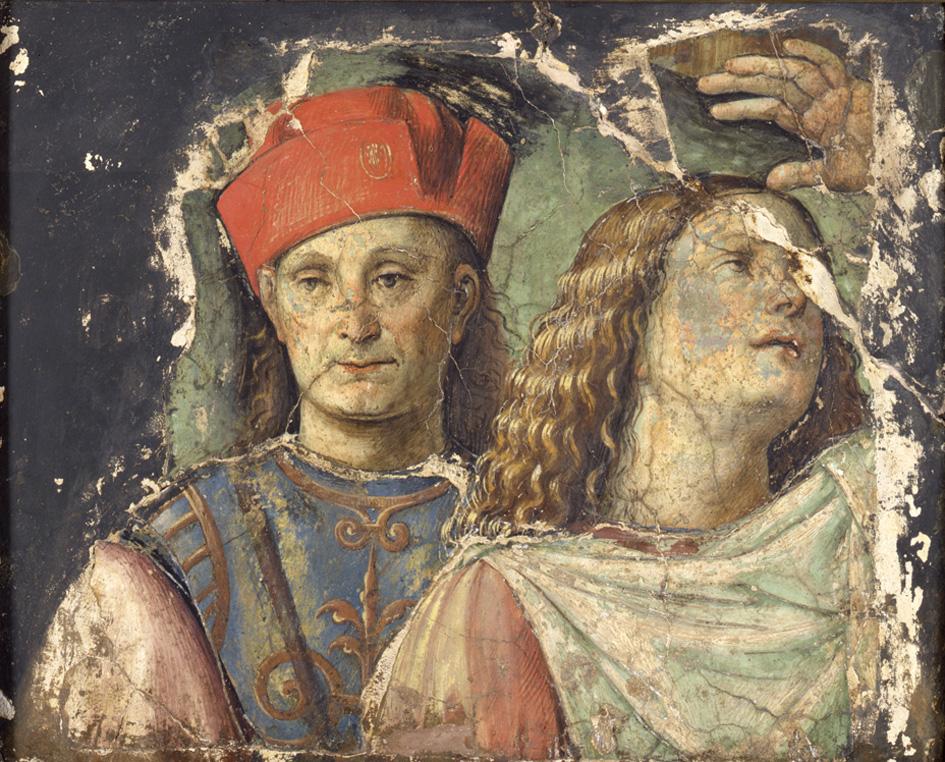 Francesco Raibolini known as il Francia, "Two male heads" 1500 c, fresco fragment embedded in plaster, cm 70x79.5x53, Bologna, Pinacoteca Nazionale