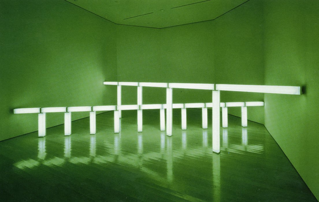 Dan Flavin, greens crossing greens (to Piet Mondrian who lacked green), 1966. Green fluorescent light. First section: 4 ft. (122 cm) high, 20 ft. (609.6 cm) wide; second section: 2 ft. (61 cm) high, 22 ft. (670 cm) wide. Photo courtesy of Stephen Flavin © 2009 Stephen Flavin/Artists Rights Society (ARS), New York; courtesy of David Zwirner, New York/London.