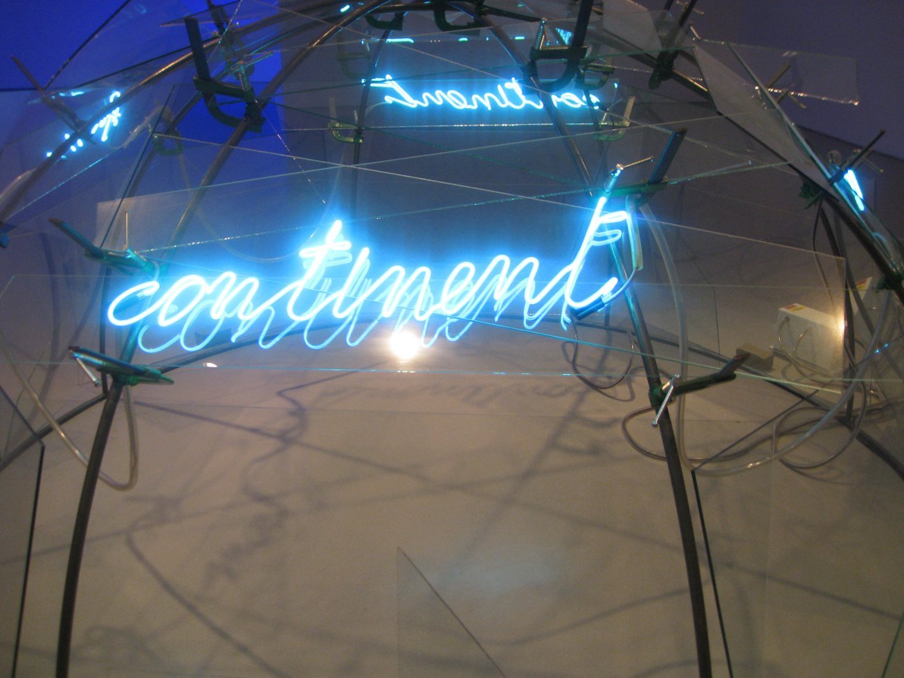 Mario Merz, “From Continent to Continent,” 1985. Steel, glass, neon, clay, metal cables, electrical wire, transformer.