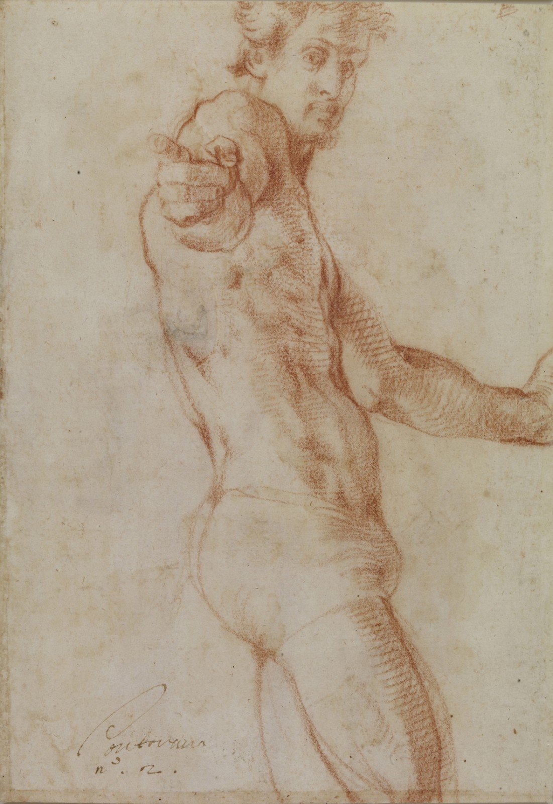 Pontormo (Jacopo Carucci; Pontorme, Empoli 1494 - Florence 1557), "Study of Nude (Self-Portrait?)", 1522-1525; sanguine on paper, 281 x 195 mm. London, The British Museum.