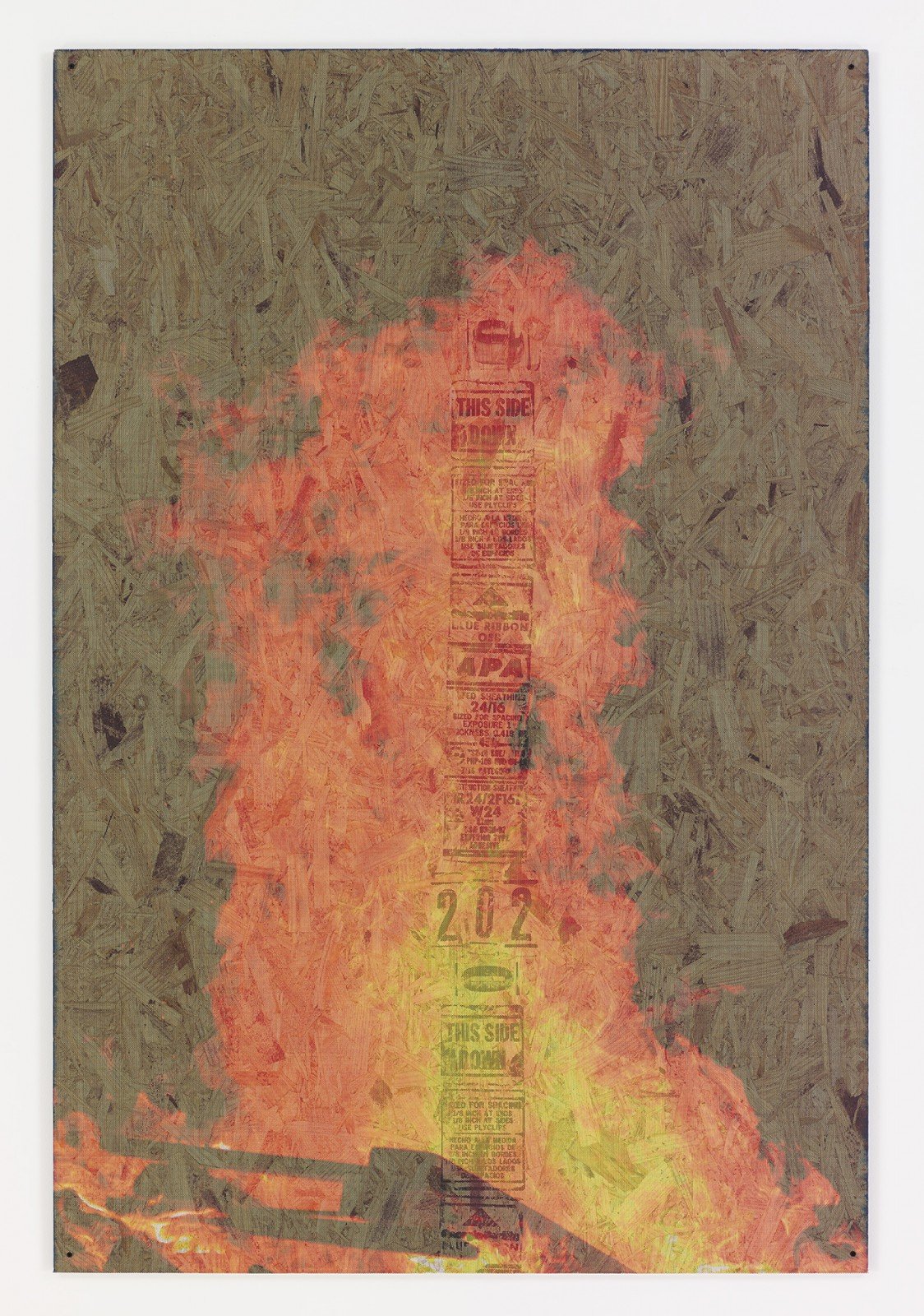 Peter Sutherland, Bonfire 4, 2014. Inkjet on perforated vinyl adhered to OSB, 72 x 48 inches.