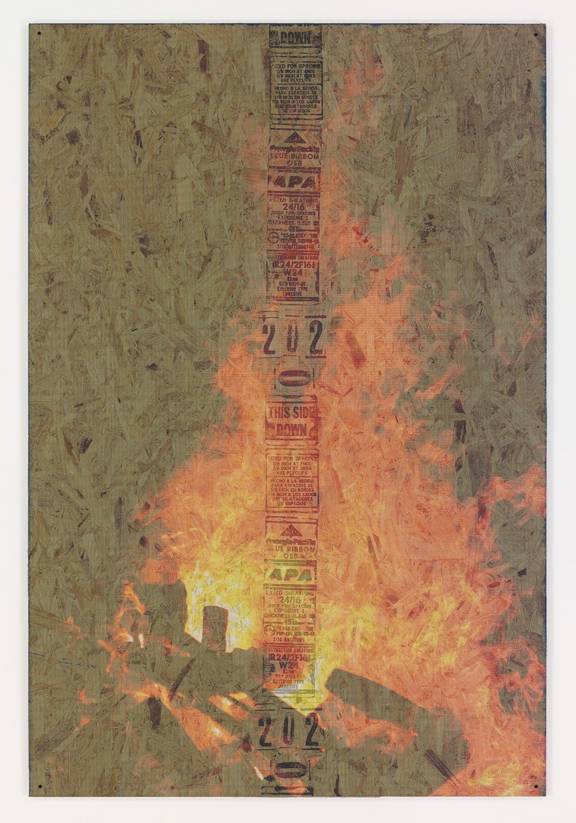 Peter Sutherland, Bonfire 4, 2014. Inkjet on perforated vinyl adhered to OSB, 72 x 48 inches.