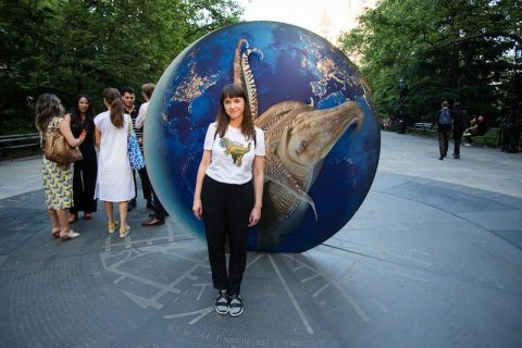 Portrait of Katja Novitskova with Earth Potential (Cuttlefish Love, Earth), 2017 in City Hall Park, New York. Photo: Liz Ligon
