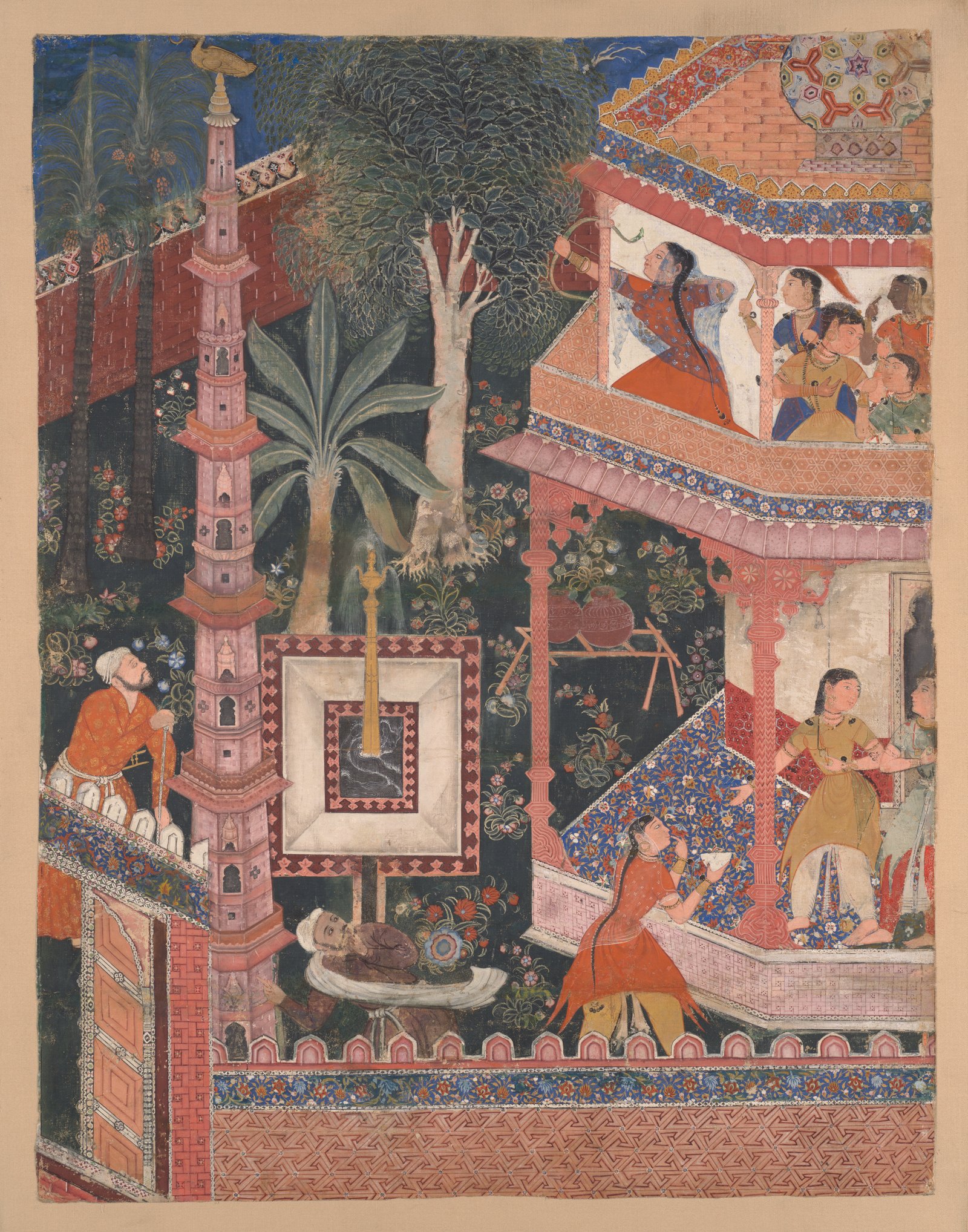 "Mihrdukht Aims her Arrow at the Ring," Folio from the Hamzanama (The Adventures of Hamza)
Basawan (Indian, active ca. 1556–1600)
ca. 1570
Country of Origin India
Opaque color and gold on cotton cloth
67.8 x 52 cm
Howard Hodgkin Collection, Purchase, The Mossavar- Rahmani Fund for Iranian Art, 2022
2022.170