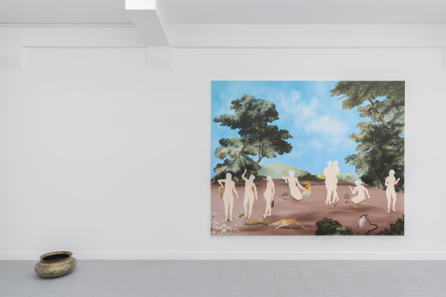Sanam Khatibi, Empire of the birds, 2017, oil on canvas, and original pot from her collection.