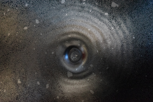 Detail of water tunnel flow visualization in the Wind Egg exhibition at the Museum of Contemporary Art of Antwerp (MuHKA) by Haseeb Ahmed.