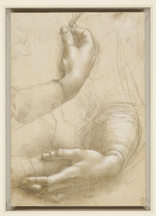Leonardo da Vinci (Vinci, 1452–Amboise, 1519) Woman’s Arms and Hands; a Small Man’s Head in Profile c. 1474–86, silverpoint and metalpoint, highlighted with brush and white gouache, with later overdrawing of outlines in soft, grayish black chalk, on pinkish-buff prepared paper, 215 x 150 mm. Windsor Castle, Royal Library, The Royal Collection Trust, inv. RCIN 912558 (lent by Her Majesty Queen Elizabeth II). Royal Collection Trust.