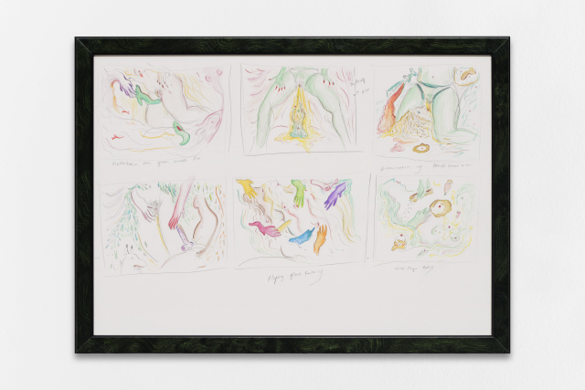 Zoe Williams, Studies for scenes (Mishaps with Fist etc), 2018. Pencil and watercolours crayon on paper, in artist’s tinted walnut burr frame. Cm. 33 x 45 Private Collection, Monte-Carlo.