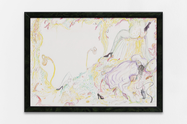 Zoe Williams, Sunday Fantasy, 2018. Pencil and watercolours, crayon on paper, in artist’s tinted walnut burr frame. Cm. 33 x 45. Courtesy the Artist and Antoine Levi, Paris.