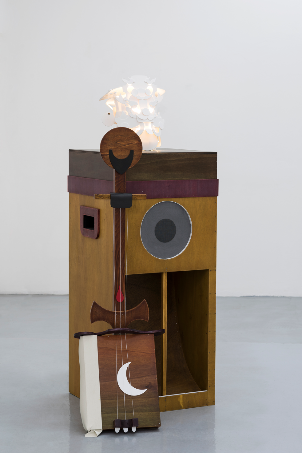 A wooden speaker and a banjo