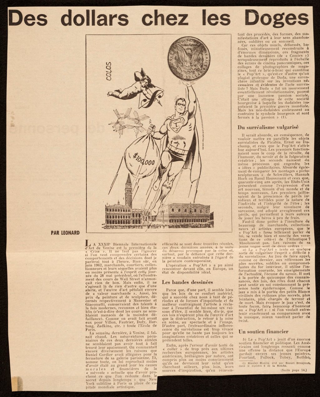 A satiric cartoon in a 1964 French newspaper of Superman bringing dollars and art to venice