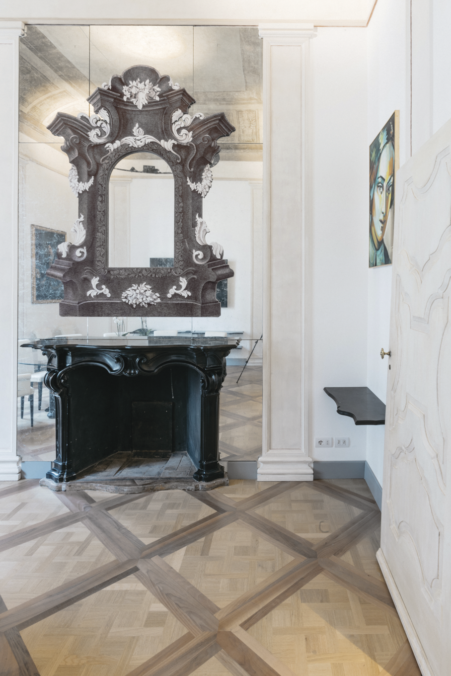 an interior view with a fake fireplace
