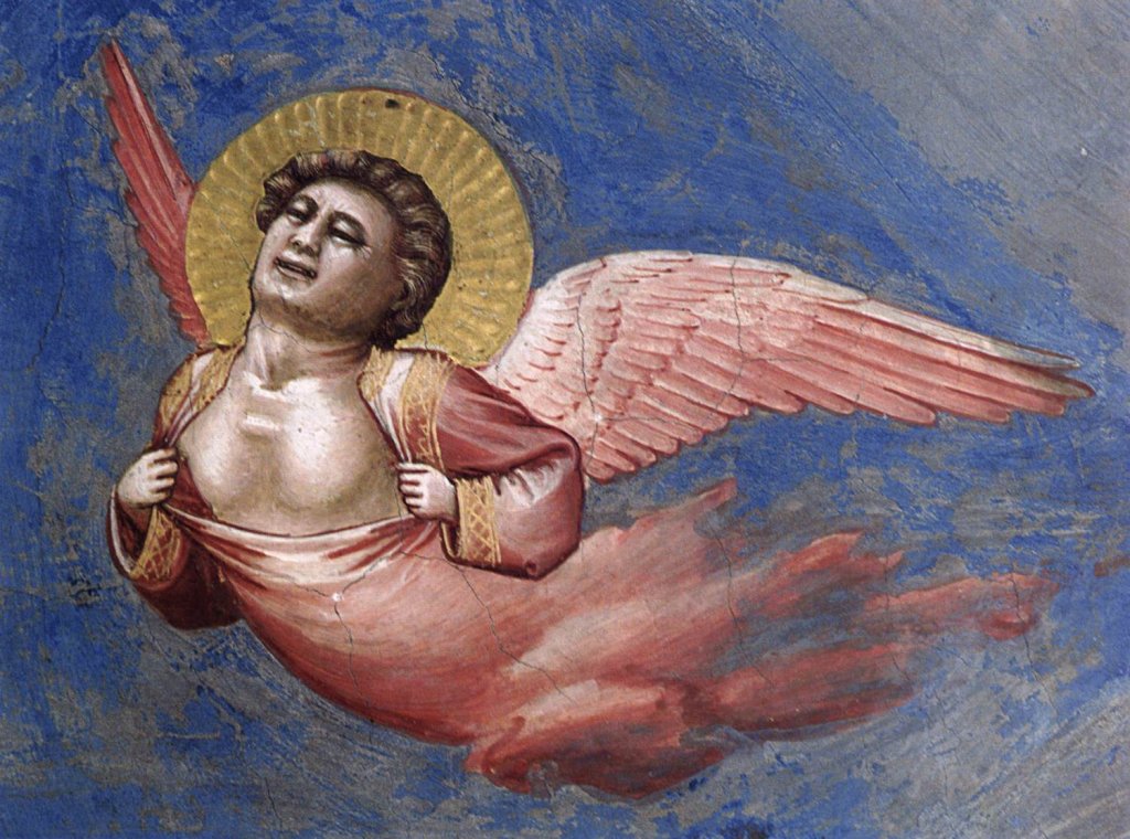 a flying angel shows his chest